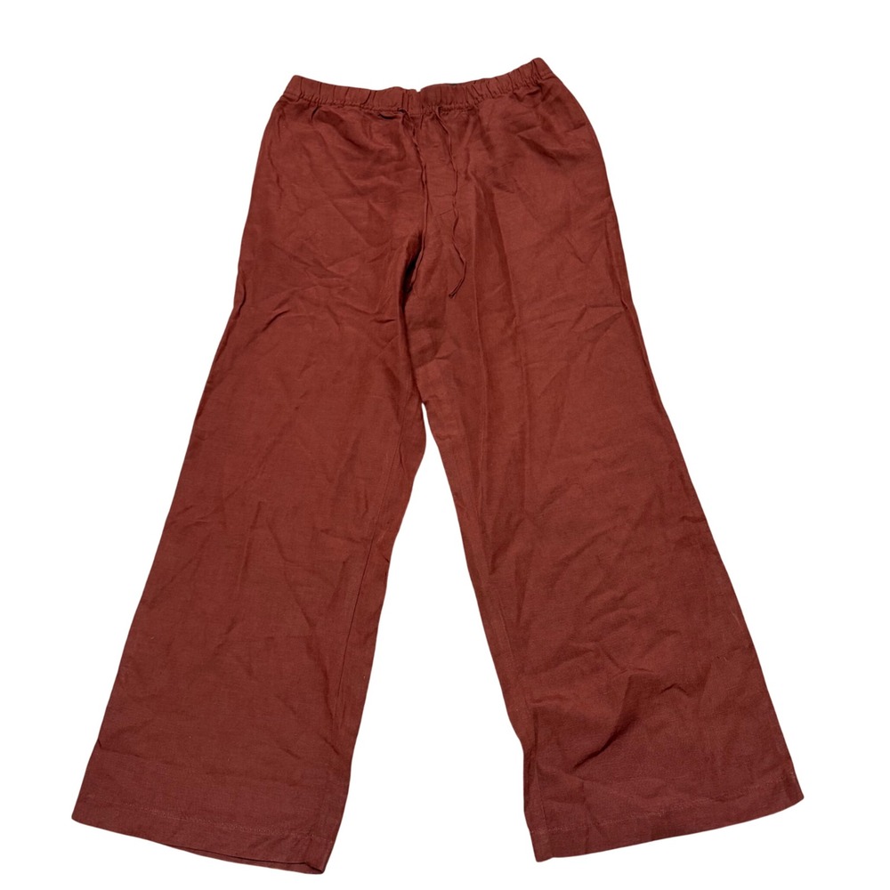 Womens Wide Leg Linen Blend Pants Rust Brown High Waist Drawstring Trousers L